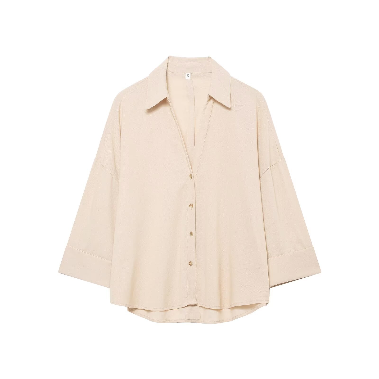 Women's Casual Minimalist Linen-Look 100% Polyester Blouse Loose Fit Polo Collar Curved Hem 3/4 Sleeve Office Top