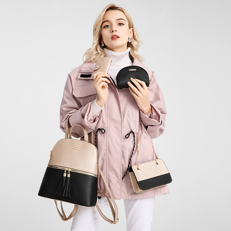 Backpack Set 4Pcs Fashion Women PU Leather Saffiano Texture Contrast Color Backpack Crossbody Bag Pouch Card Holder With Tassel Decor For Daily Travel Shopping School