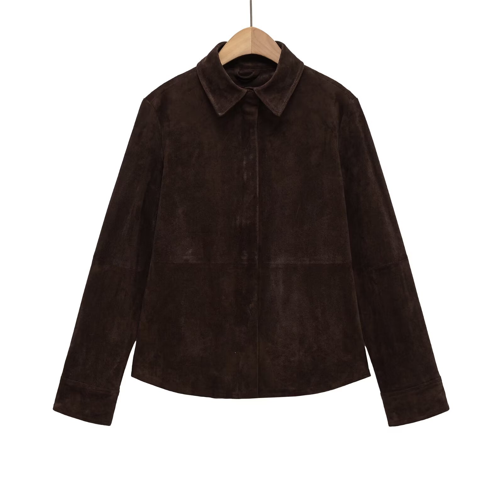 Women's Faux Suede Jacket Vintage Lapel Long Sleeve Zipper Decoration Solid Color Street Style Coffee Brown Coat Outerwear Fall Fashion