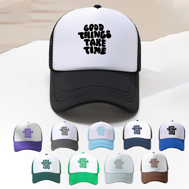 Good Things Take Time Printed Trucker Hat Breathable Mesh Baseball Cap Polyester Sponge Sunshade Outdoor Casual Sport Adjustable Snapback For Men Women