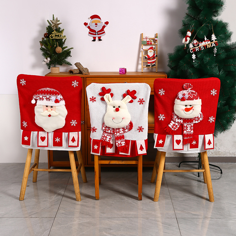 3D Christmas Chair Covers Red Knitted Fabric Santa Claus Snowman Reindeer Dining Chair Back Covers For Home Xmas Party Decorations