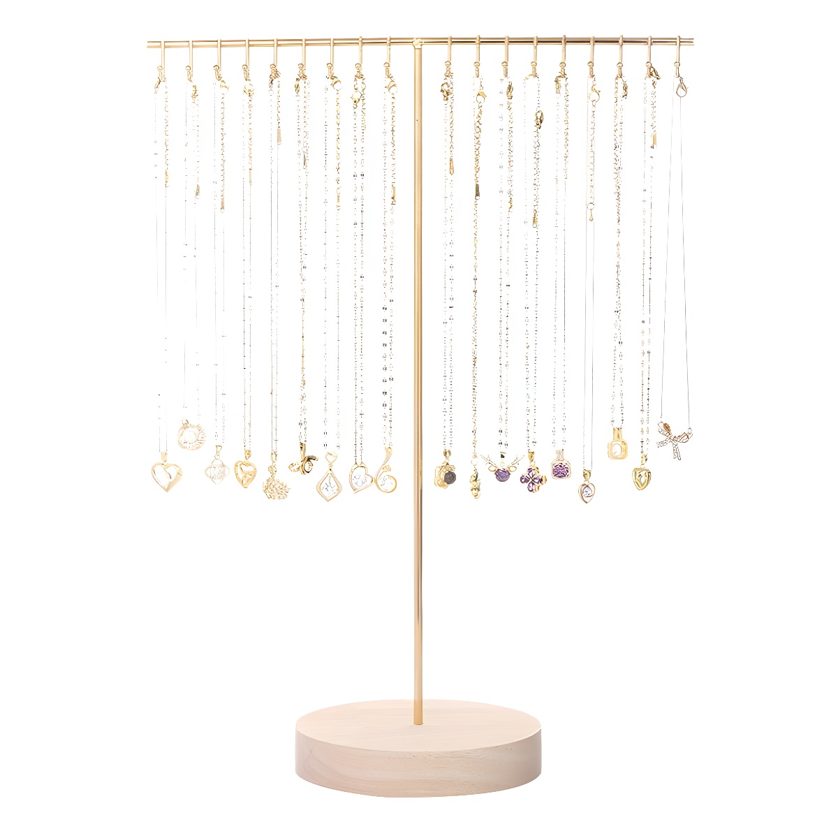 Minimalist Iron Jewelry Display Stand With Wooden Base 18 Hooks Removable Necklace Organizer Holder For Home Market Stall Countertop Pendant Storage Rack