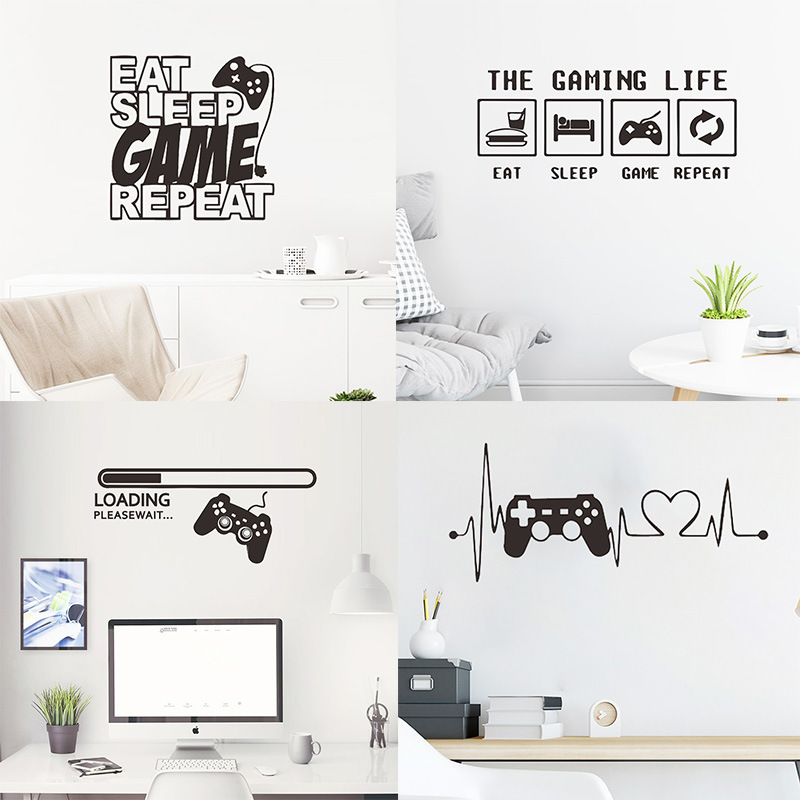 Gamer Wall Stickers Black PVC Self Adhesive Decals Eat Sleep Game Repeat Loading Game Controller Heartbeat Wall Decor For Bedroom Game Room Boys Room Modern Removable Art