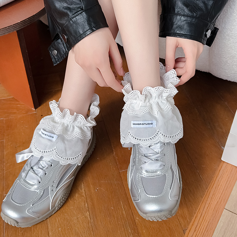 Women Korean Lolita Lace Ruffle Leg Warmers Plaid Cotton Ribbon Boot Cuffs Fashion Decorative Ankle Sock Sleeves For Sneakers Leather Shoes
