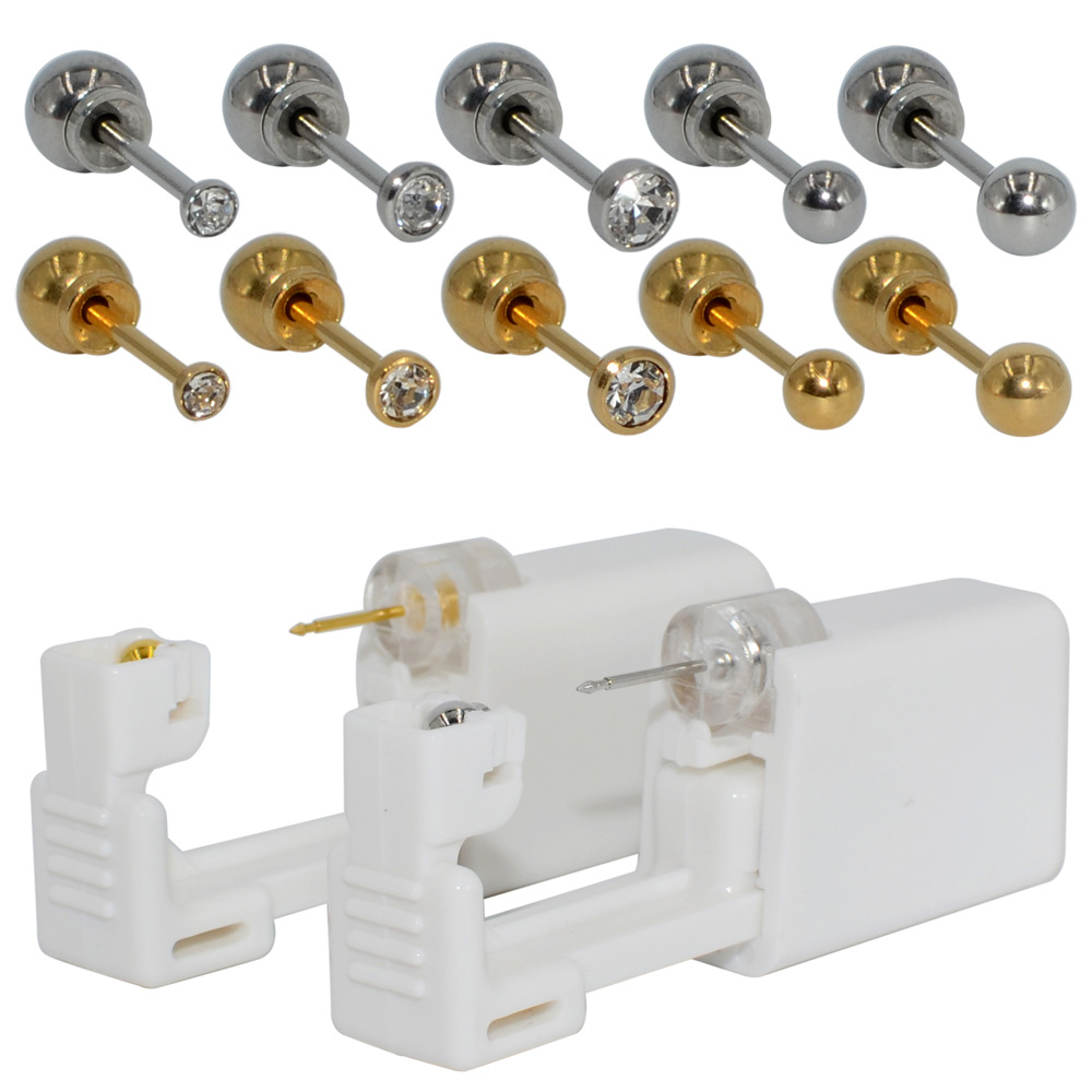 Disposable Sterile Ear Piercing Gun With 316L Stainless Steel Zirconia Stud Piercing Tool 24K Gold Plated For Women Men Safe Body Piercing