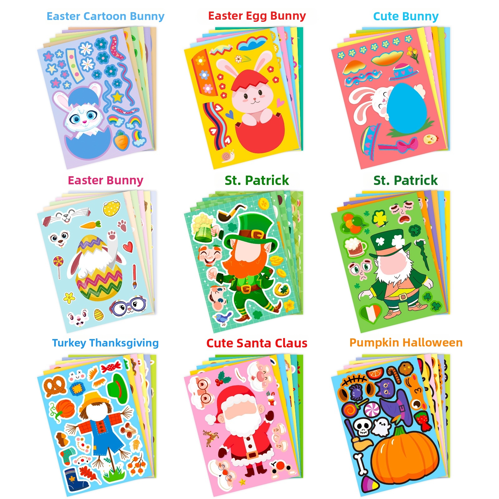 Make A Face Puzzle Stickers For Kids DIY Holiday Theme Easter Rabbit St Patrick's Day Halloween Christmas Thanksgiving Party Favors Decoration Stationery Gift Creative Craft