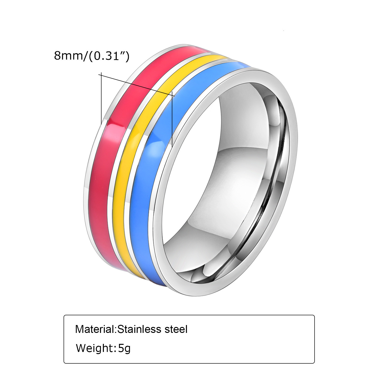 Stainless Steel Enamel Rainbow Pride Ring Striped Band For LGBTQ Unisex Fashion Jewelry Accessories Pride Month Gift