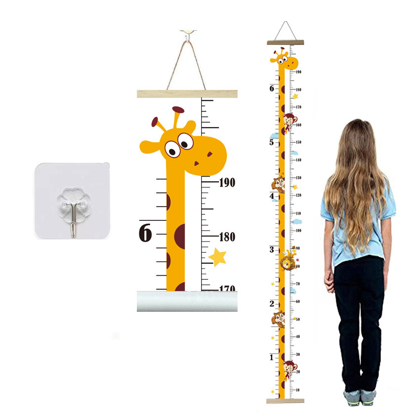 Nordic Ins Kids Height Growth Chart Canvas And Pine Wood Waterproof Hanging Wall Ruler 5-200cm Animal Pattern Nursery Bedroom Home Decor Children Baby Gift