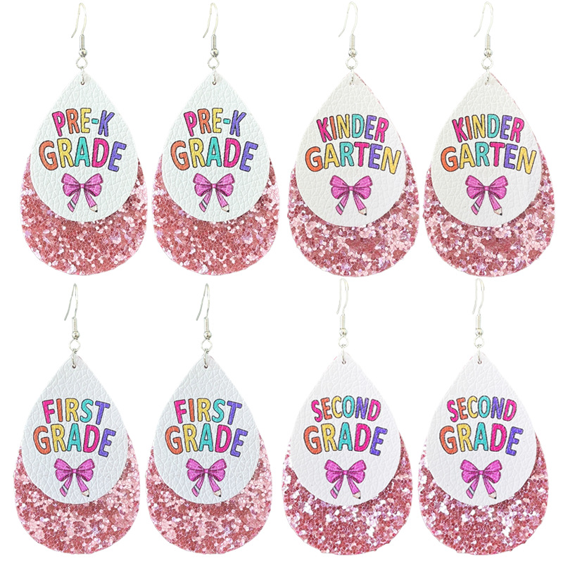 Double Layer Teardrop Faux Leather Earrings Pink Glitter PU Leather Back To School Teacher Earrings First To Fifth Grade Kindergarten Pre-K Printed Dangle Earrings For Women