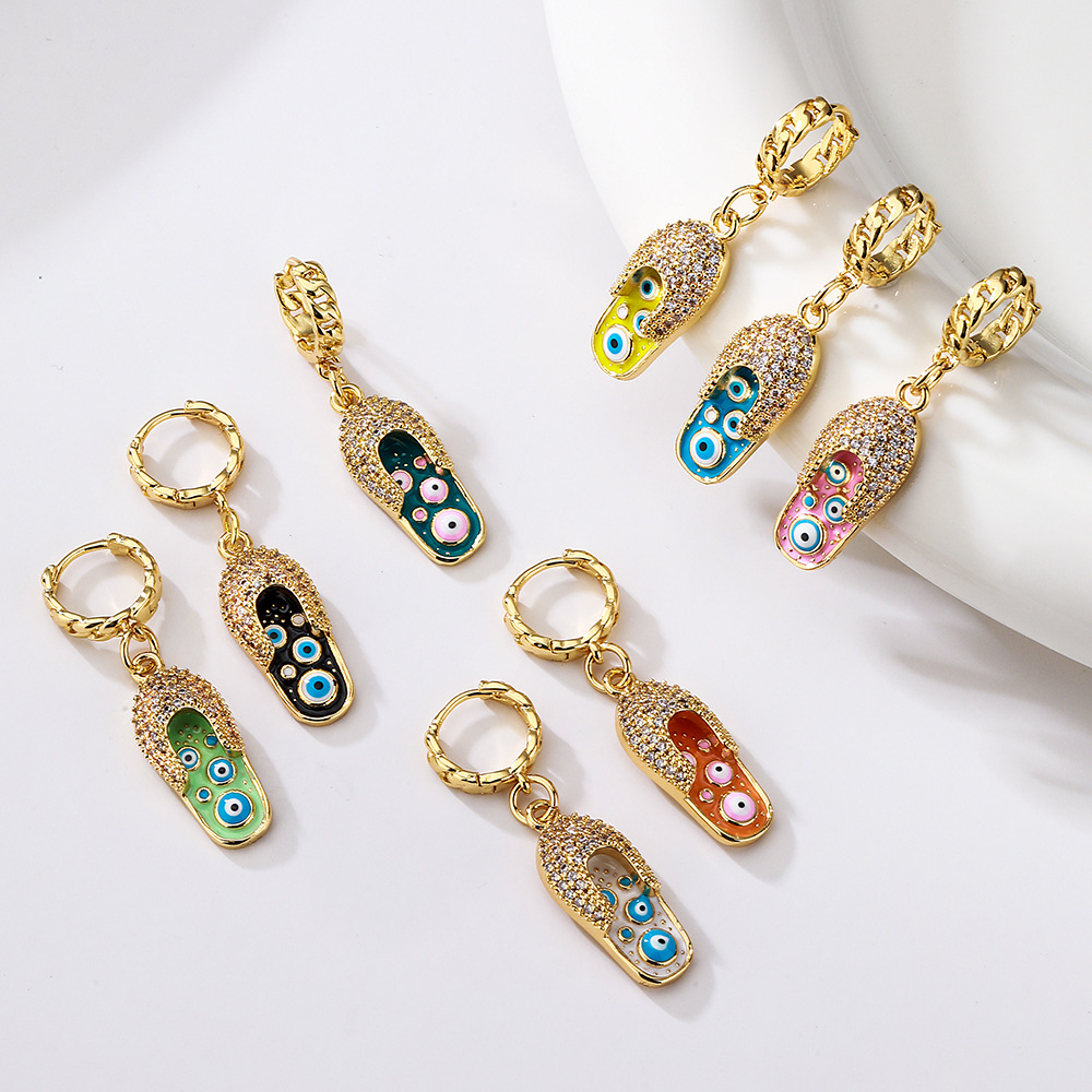 Evil Eye Flip Flop Drop Earrings Copper Gold Plated Enamel Zircon Slipper Dangle Fashion Jewelry Women