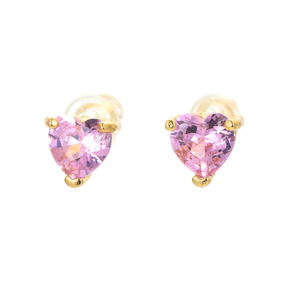 Heart Stud Earrings Pink Zircon Copper Plated Three Prong Setting Minimalist Fashion Sweet Jewelry For Women