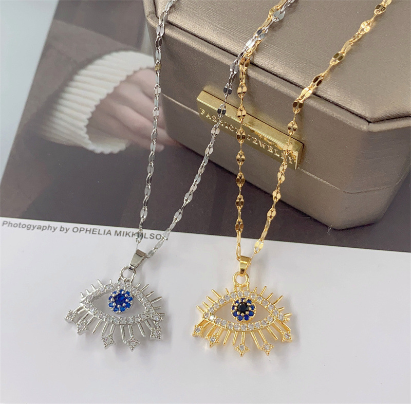 Fashion Luxury Evil Eye Pendant Necklace For Women Titanium Steel Gold Silver Plated Micro Pave Zirconia Eyelash Clavicle Chain Jewelry Gift