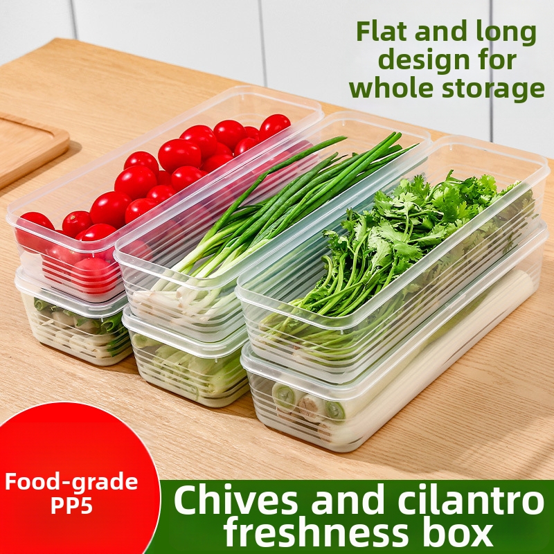 2Pcs Long Rectangular Food Storage Container Set Transparent PP5 Plastic Scallion Noodle Storage Box For Kitchen Refrigerator Fresh Keeping Stackable Organizer