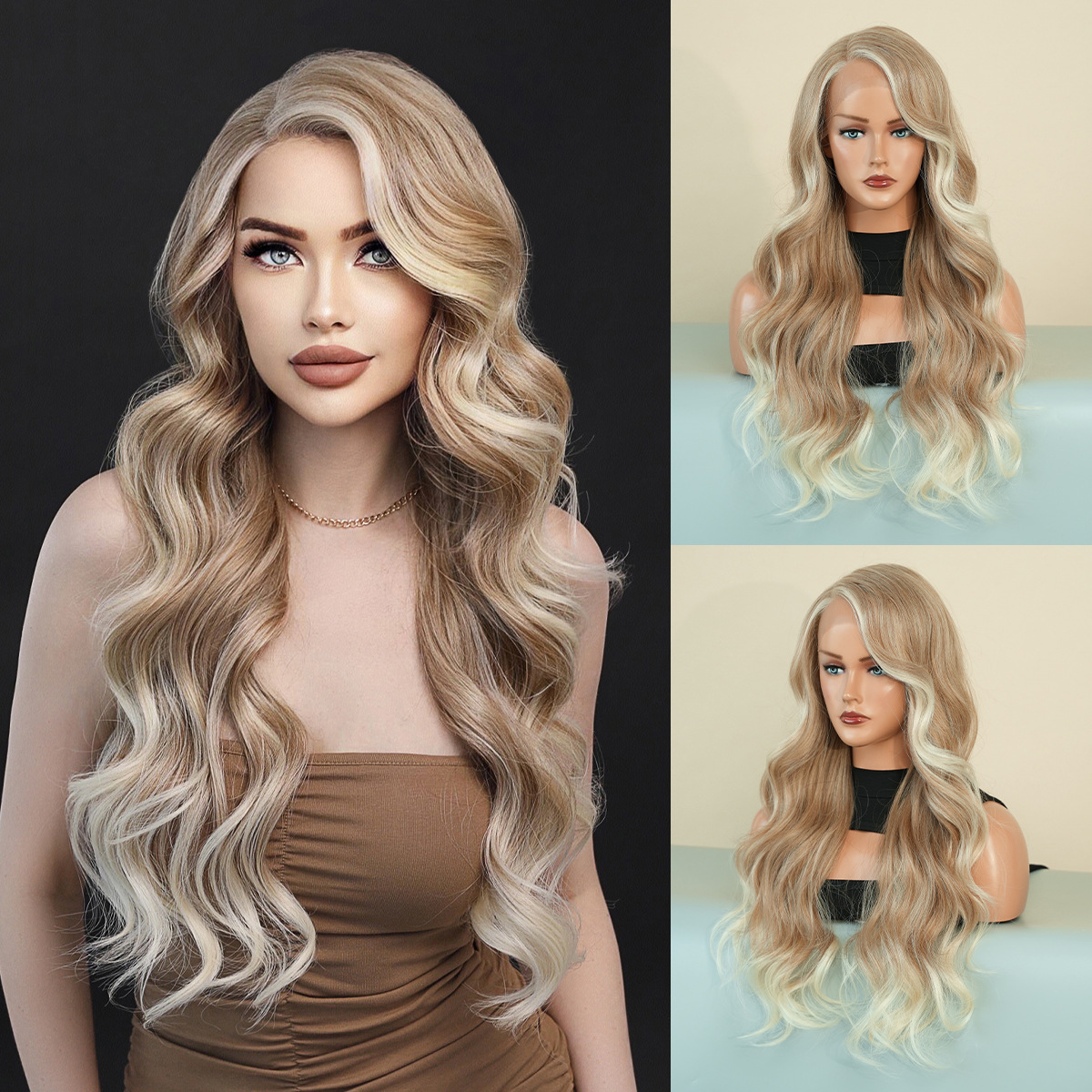 Long Wavy Ombre Blonde Brown Synthetic Lace Front Wig For Women Heat Resistant Matte Fiber Daily Party Cosplay Natural Looking Wavy Hair Wig