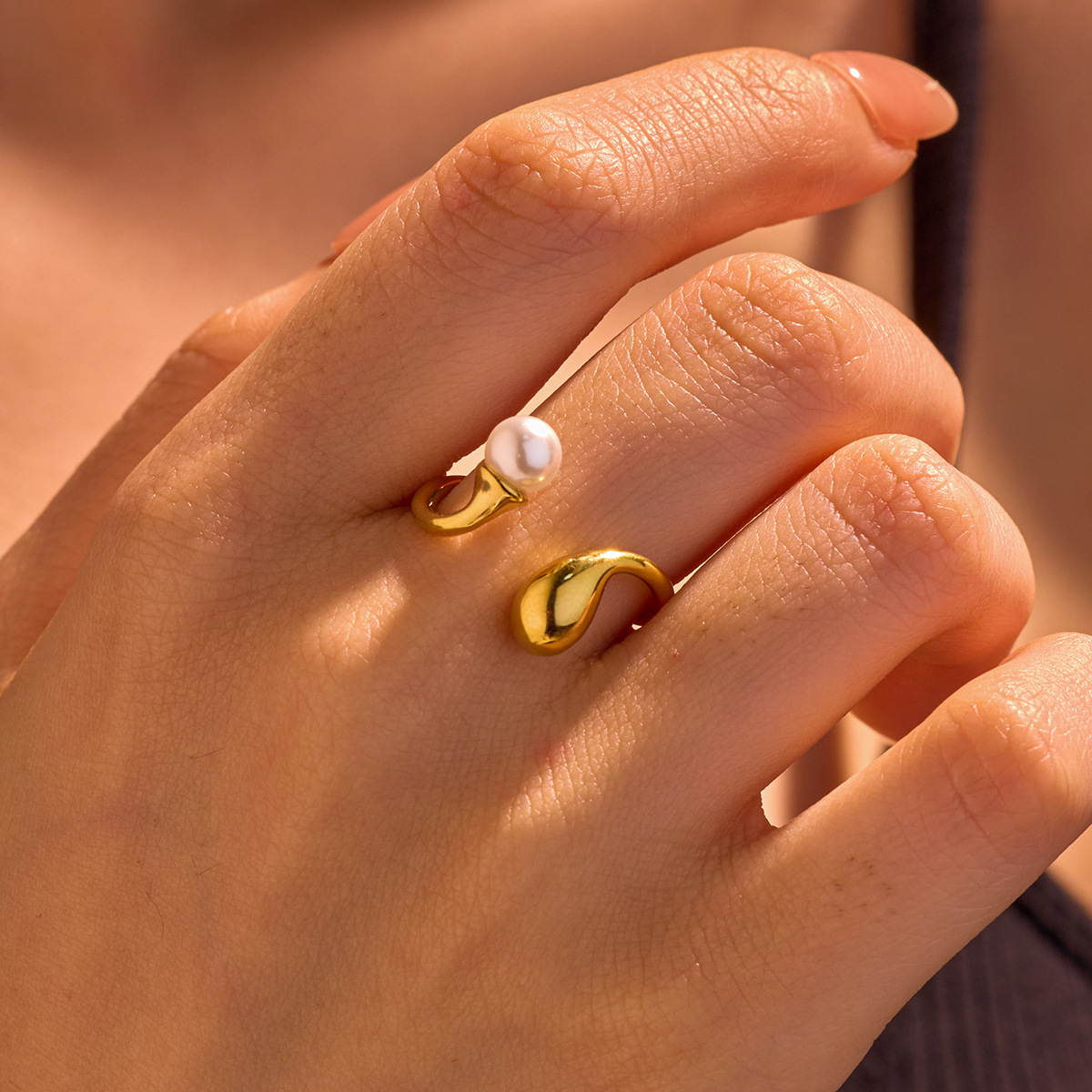Geometric Open Ring Stainless Steel Pearl Adjustable Non Fading Minimalist Chic Jewelry For Women