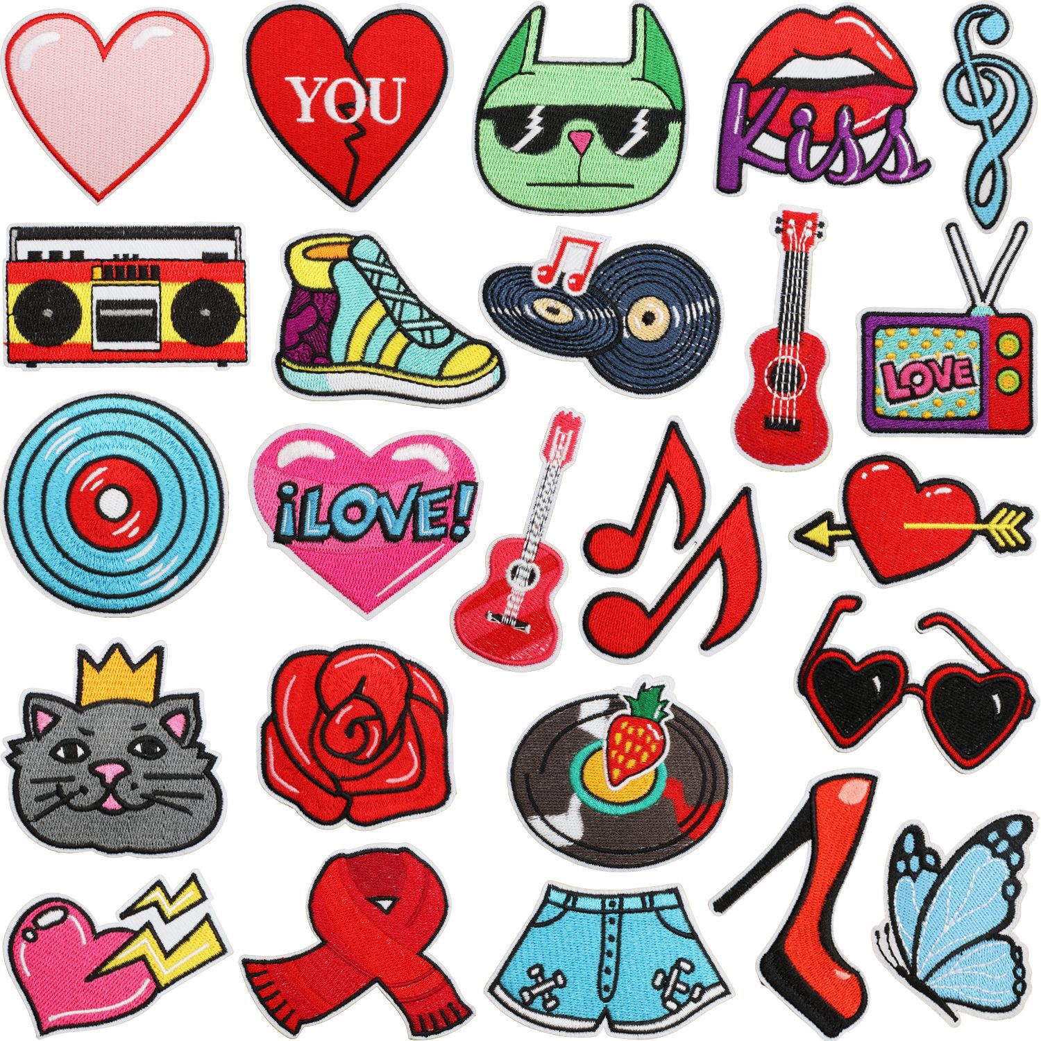 Multicolor Embroidered Patches Set Musical Instruments Heart Lips Cartoon Cat Iron On Applique Patches For Clothing Repair Jacket Backpack DIY Sewing Accessories
