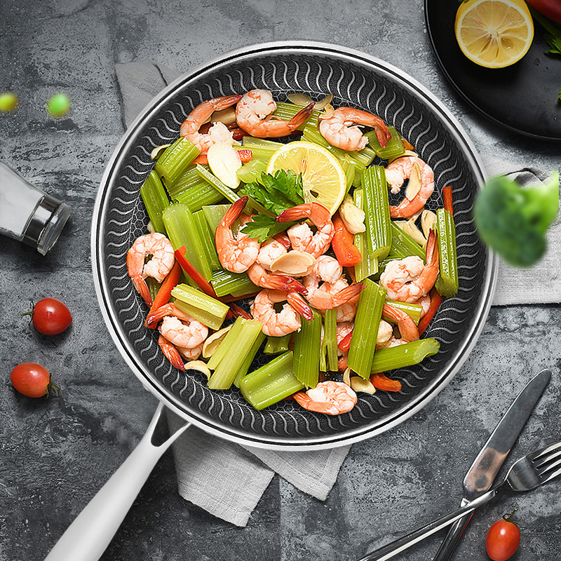 316L Stainless Steel Honeycomb Frying Pan Non-Stick Skillet Double Sided Texture Oilless Cooking Pan For Induction Gas Stove Kitchen Cookware No Coating Healthy Pan