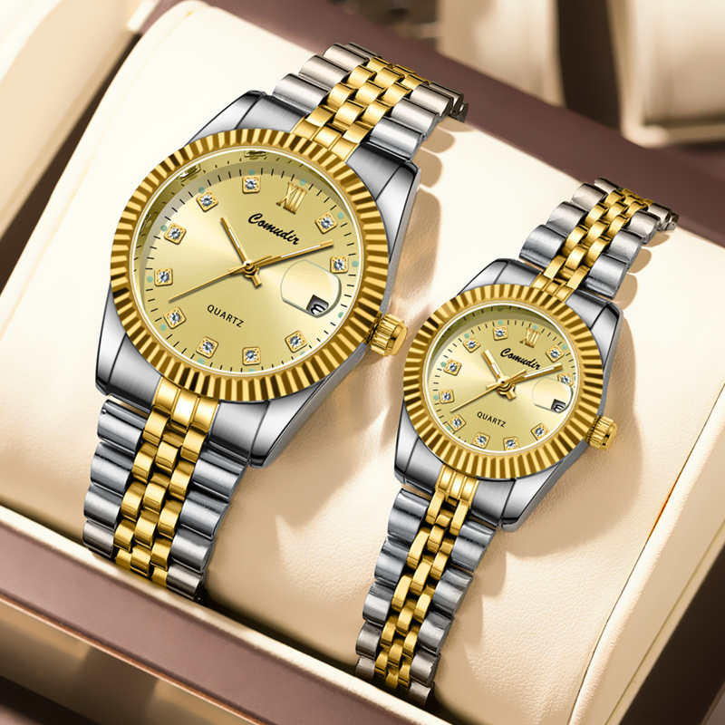 Luxury Couple Watch Luminous Calendar Waterproof Quartz Wristwatch With Alloy Five-Link Bracelet Stainless Steel Clasp Business Fashion Watches For Men Women