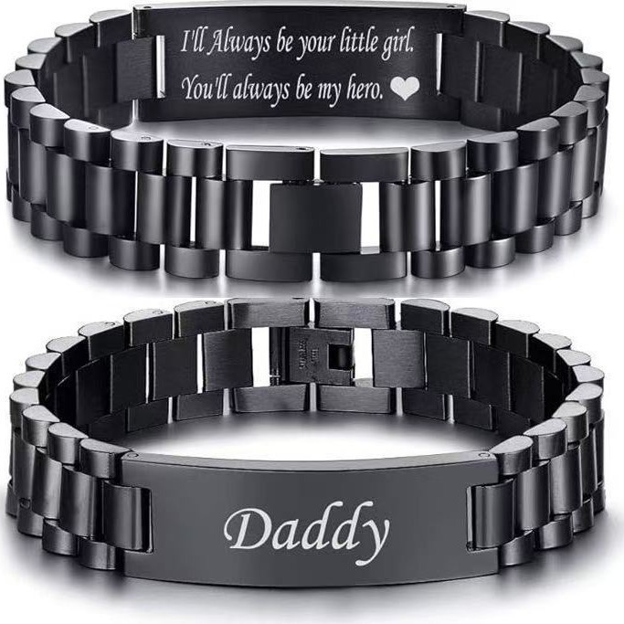 Customizable 304 Stainless Steel Watch Band Bracelet for Men Engravable Identification Plate Curb Chain Link Wristband 10mm 12mm 15mm Width Fashion Jewelry Gift