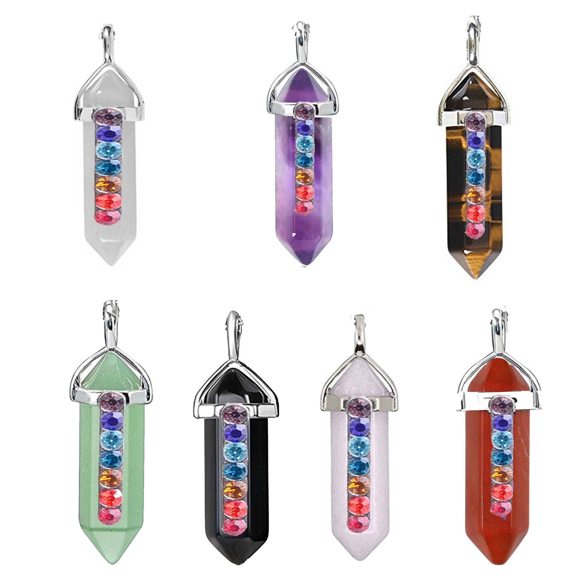 7 Chakra Healing Crystal Natural Stone Hexagonal Column Pendant Necklace For Women Alloy Pointed Bullet Quartz Gemstone Necklace Jewelry Accessory