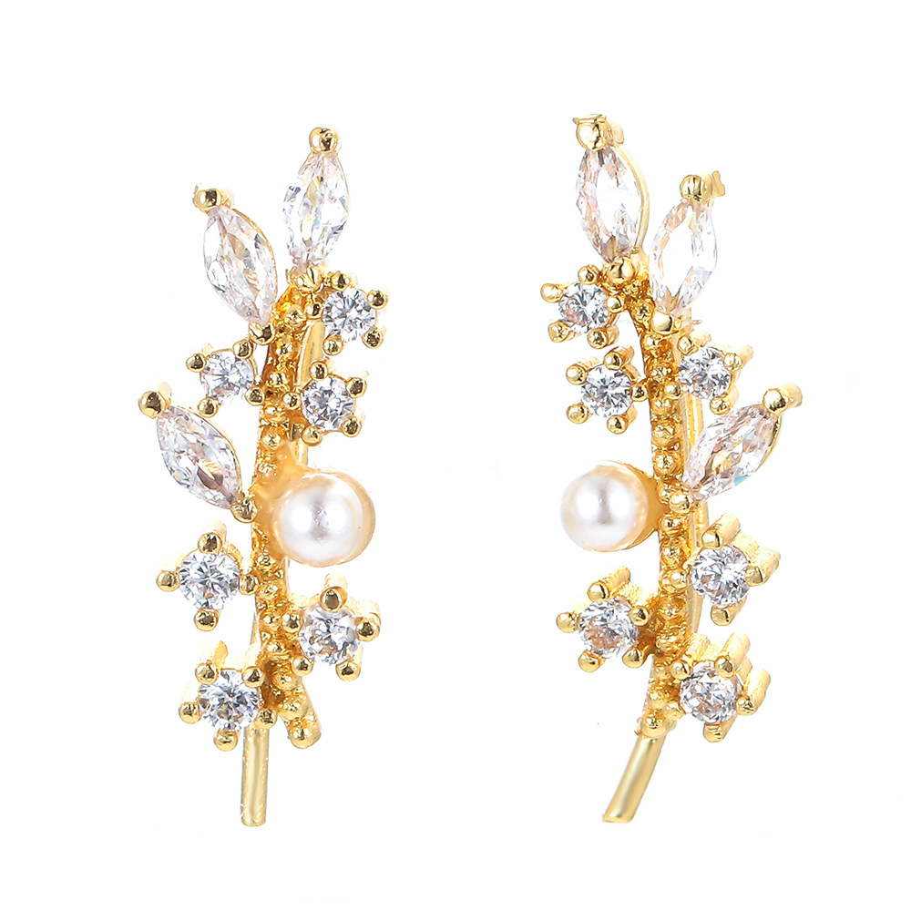 Elegant Leaf Vine Ear Climber Earrings Copper Plated With Cubic Zirconia And White Imitation Pearl Jewelry For Women