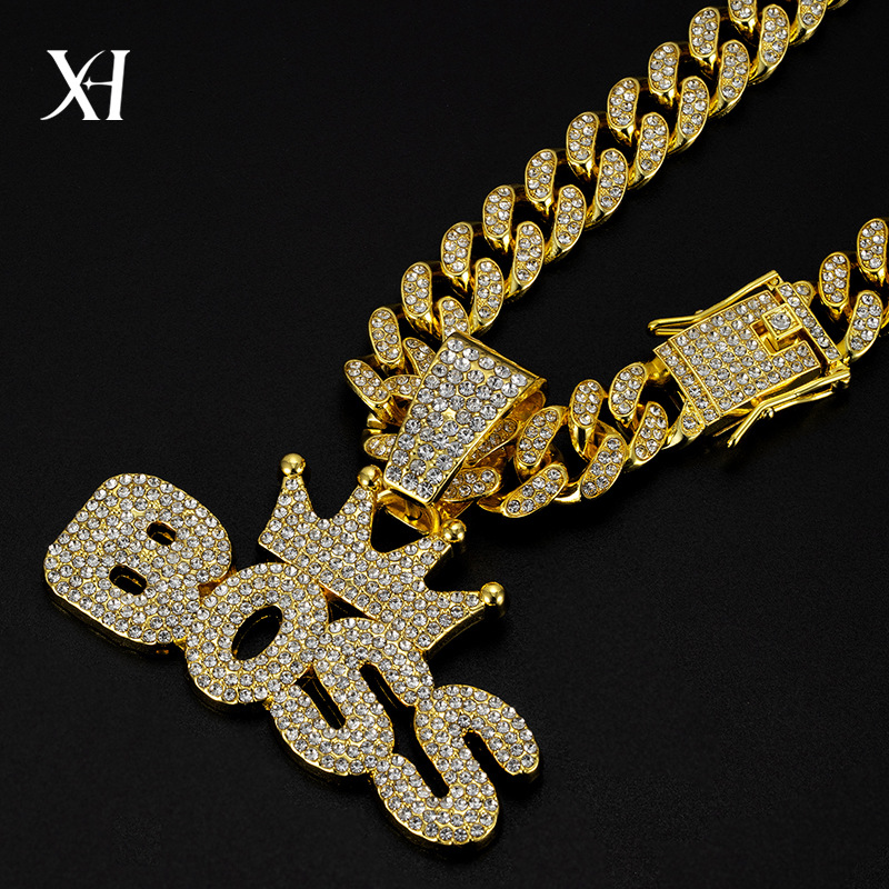 Hip Hop Men's Boss Crown Pendant Necklace Zinc Alloy Rhinestone Iced Out Cuban Chain Streetwear Jewelry For Men Party Gift