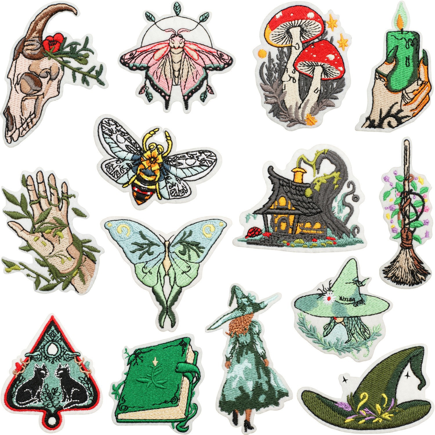 Jungle Mystery Magic Witch Embroidery Patches Iron On Polyester Thread Fabric Patches Cartoon Mushroom Moth Skull Candle Decorative Badges For Clothing Bags DIY Accessories Gothic Mystery Style Appliques