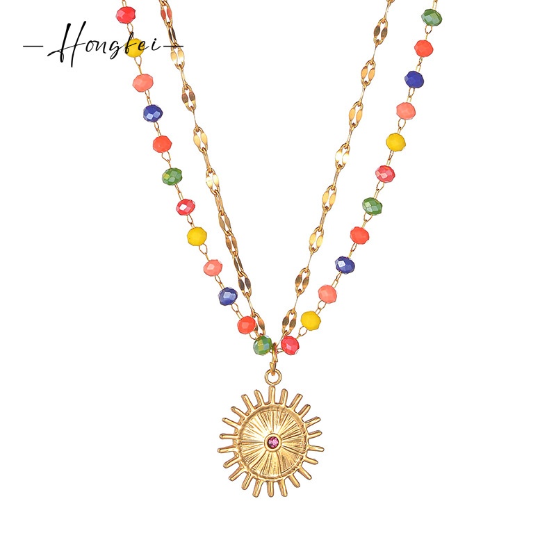 Layered Stainless Steel Necklace Colorful Beads Zircon Sunburst Flower Pendant Bohemian Jewelry For Women