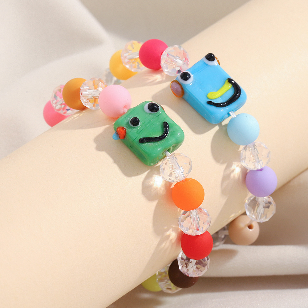 Colorful Beaded Bracelet Acrylic Resin Matte Faceted Beads Cartoon Frog Smile Face Charm Elastic Dopamine Style For Women