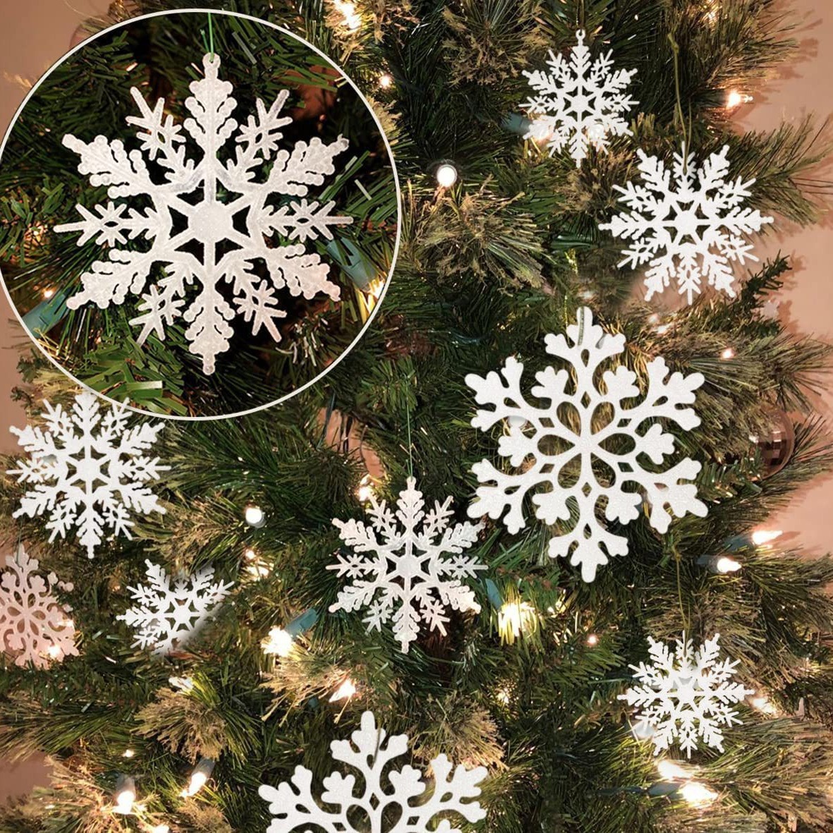 36Pcs Glitter Plastic Christmas Snowflake Ornaments White Gold Rose Gold Hanging Decorations For Christmas Tree Holiday Home Decor Accessories