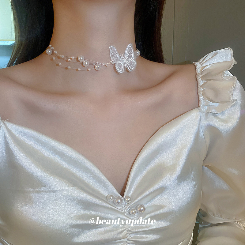 Fairy White Lace Butterfly Pearl Choker Necklace Elegant Embroidery Organza Pendant Jewelry For Women Wedding Date Accessories