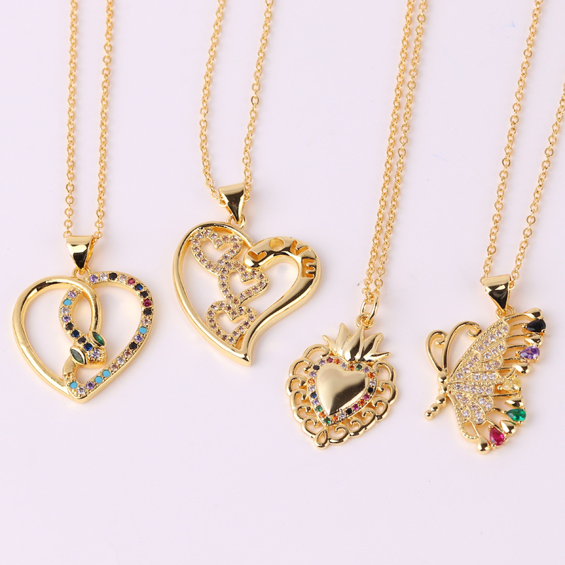 Heart Pendant Necklace 18K Gold Plated Copper Cubic Zirconia Snake Butterfly Love Fashion Jewelry For Women
