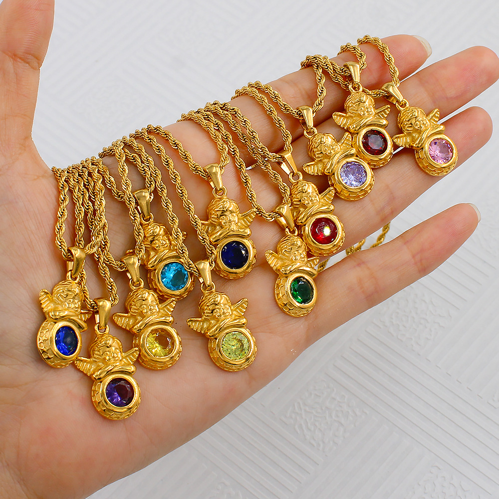 Vintage Stainless Steel Guardian Angel Birthstone Pendant Necklace Luxury Gold Plated Rope Chain 12 Months Birthday Gift For Women Jewelry