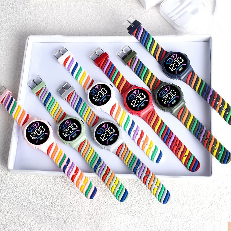 LED Digital Sports Watch Rainbow Silicone Strap Waterproof Step Tracker Heart Rate Counter For Kids Students Children Outdoor Casual Timepiece