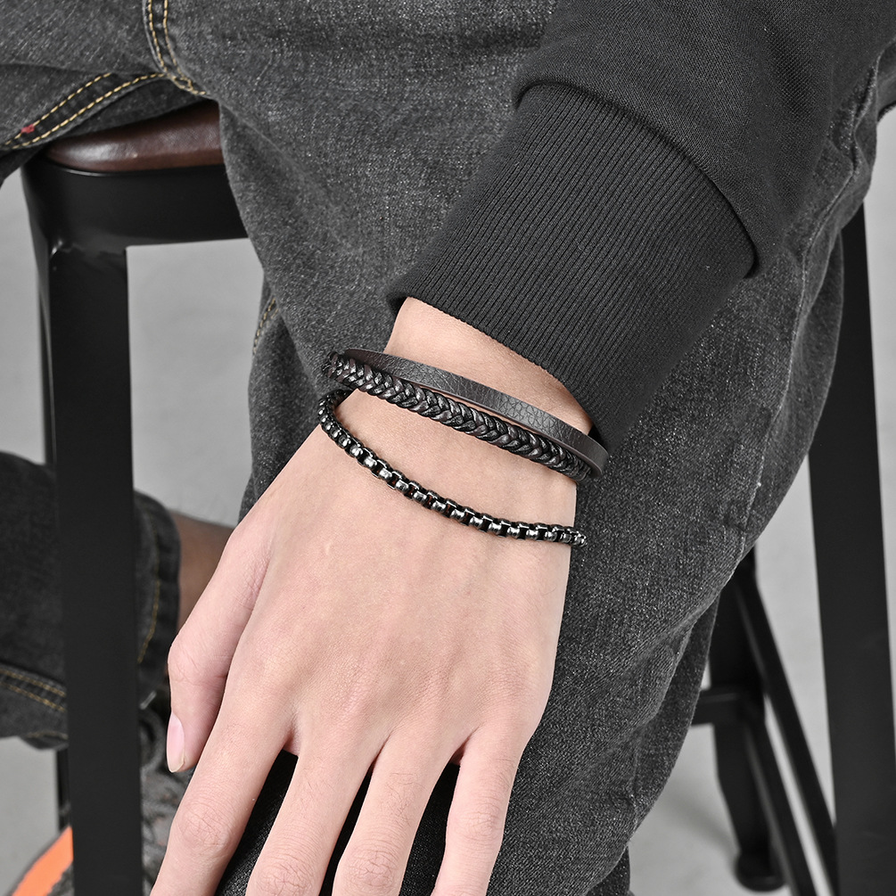 Men Multi-layer Braided Leather Bracelet With Stainless Steel Chain Hip Hop Punk Style Magnetic Clasp Jewelry