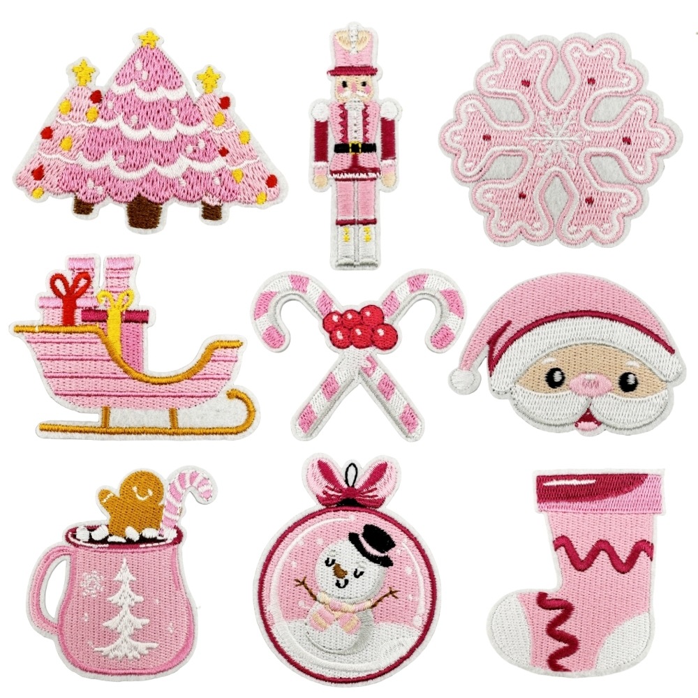 Pink Christmas Theme Embroidery Patches Cartoon Santa Claus Christmas Tree Snowflake Iron On Patches For Clothing Jacket DIY Decoration Craft Accessories