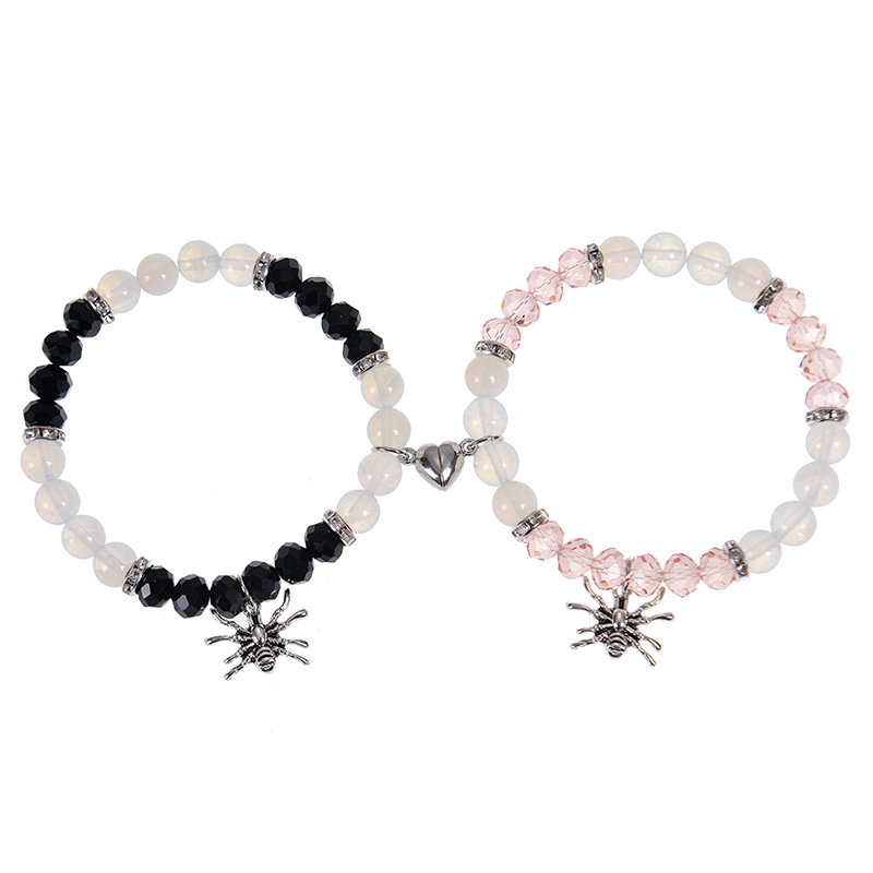 Halloween Spider Pendant Magnetic Couple Bracelets Set Man-made Stone Crystal Beads Gothic Punk Heart Magnet Jewelry For Lovers