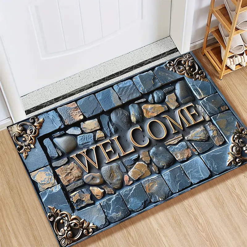 Welcome Door Mat Natural Rubber Diatom Mud Anti-Slip Washable Absorbent Entrance Floor Mat 3D Stone Pebble Pattern Retro Bronze Welcome Home Lettering Rug For Kitchen Bathroom Outdoor Indoor Decor
