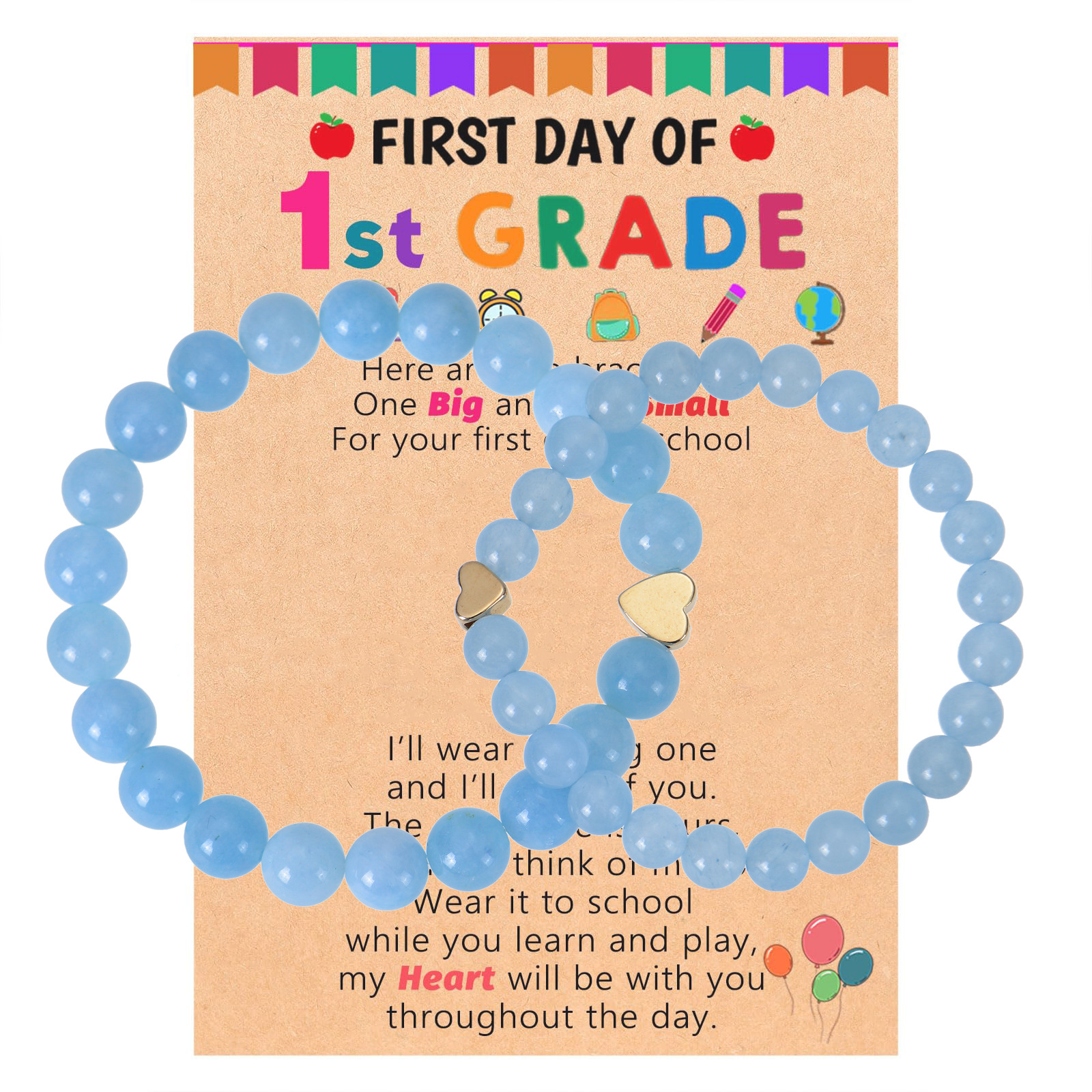 First Day Of School Heart Charm Beaded Bracelet Set For Mom And Me 1st Grade Back To School Gift For Girls Women Synthetic Stone Jewelry With Wish Card