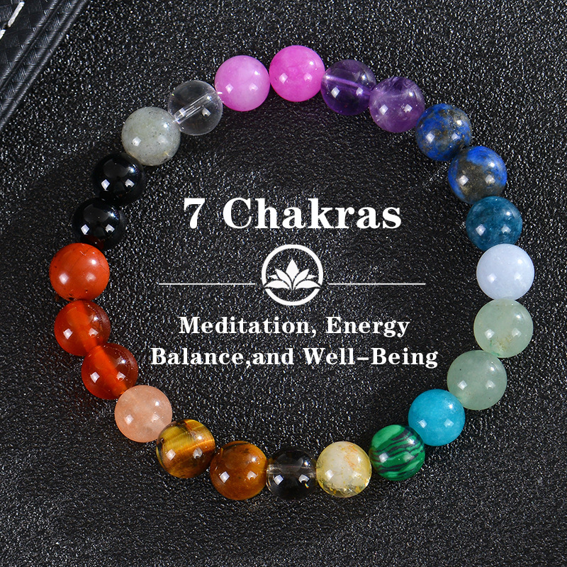Natural Stone 7 Chakras Healing Energy Beaded Bracelet For Women Men Yoga Meditation Anxiety Stress Relief Adjustable Elastic Crystal Bracelet
