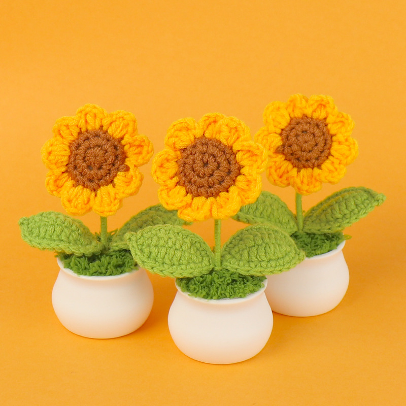 Handmade Crochet Artificial Potted Flowers Knitted Sunflower Tulip Rose Daisy Plants for Desktop Decor Home Office Gifts