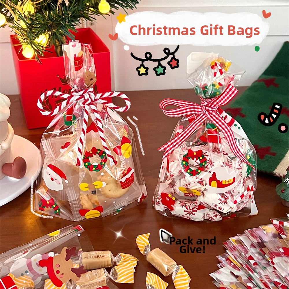 Christmas Transparent Candy Packaging Bags With Ribbons Plastic Santa Snowman Reindeer Printed Gift Bags For Xmas Party Favors Supplies Kids Holiday Apple Packaging