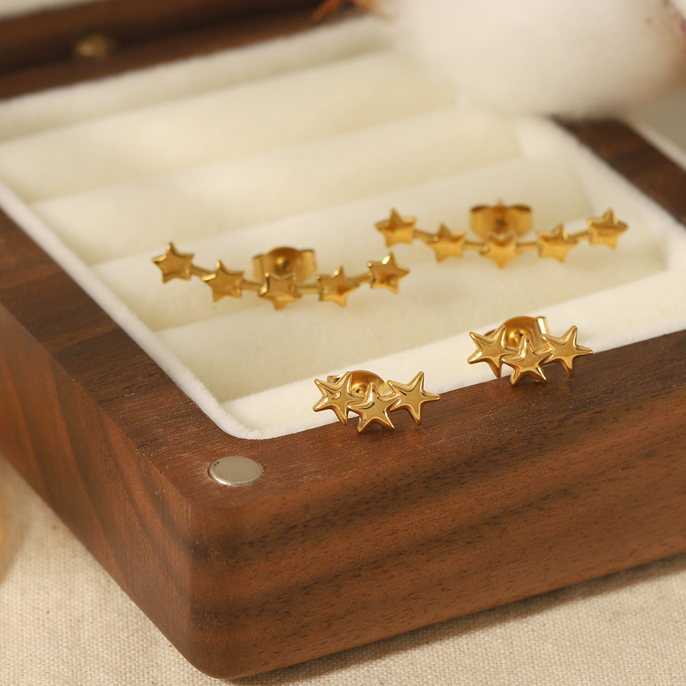 Gold Plated Stainless Steel Star Earring Set Tiny Minimalist Five Star Ear Climber And Three Star Stud Earrings For Women Fashion Jewelry