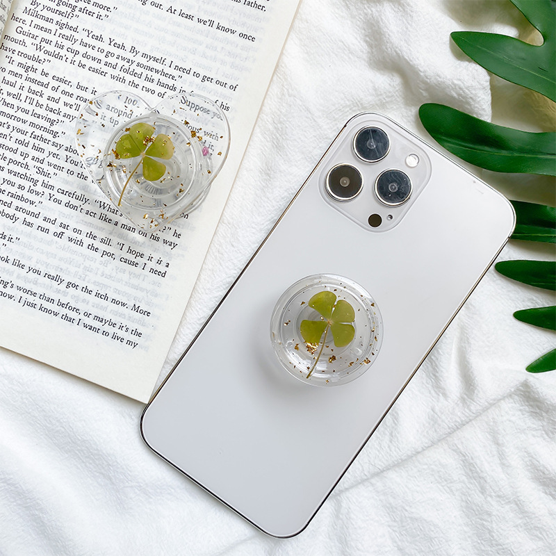 Portable Airbag Phone Stand Transparent Resin Heart Round Real Four-Leaf Clover Gold Foil Stretchable Desk Grip Holder Universal Mobile Phone Accessory