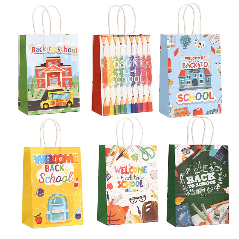 Back To School Paper Gift Bags Portable Handheld Treat Bags 12Pcs School Bus Stationery Pattern For Classroom Student Kids Return Gift Party Favor