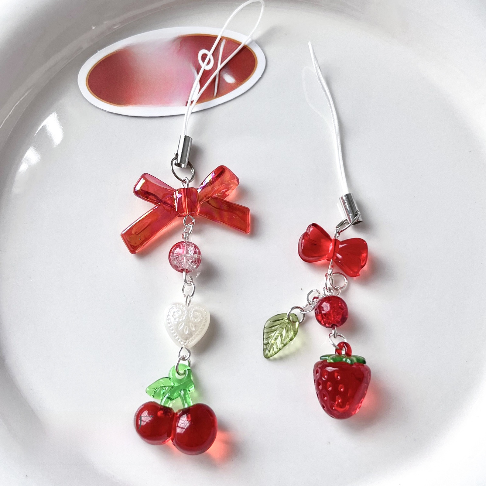 Handmade Resin Cherry Strawberry Bowknot Beaded Keychain Sweet Heart Phone Strap Bag Charm For Women Girls Original Design Cute Accessories