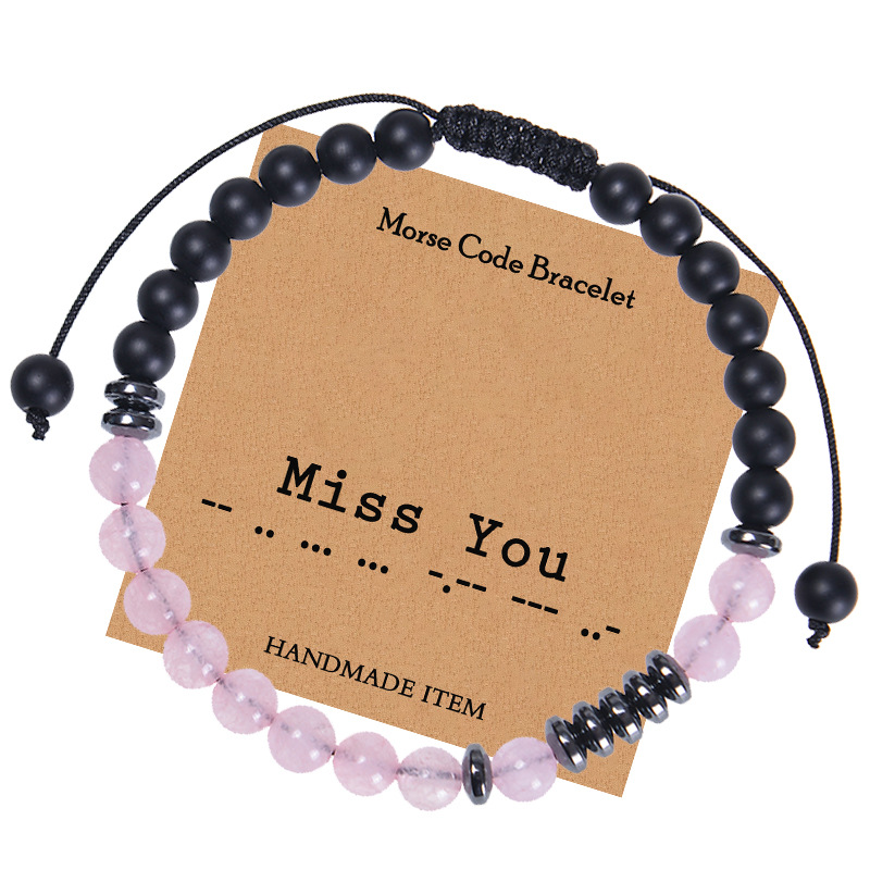 Handmade Morse Code Pink Crystal Bracelet With Matte Black Stone Adjustable Woven Cord Miss You Message Card Bracelet For Men Women