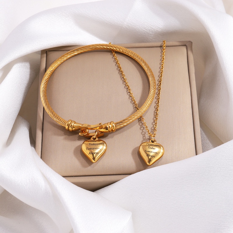 Fashion Gold Plated Stainless Steel Heart Jewelry Set For Women Engraved I Love You Today Tomorrow Always Twisted Cable Bracelet Link Chain Necklace Elegant Daily Wear Accessory