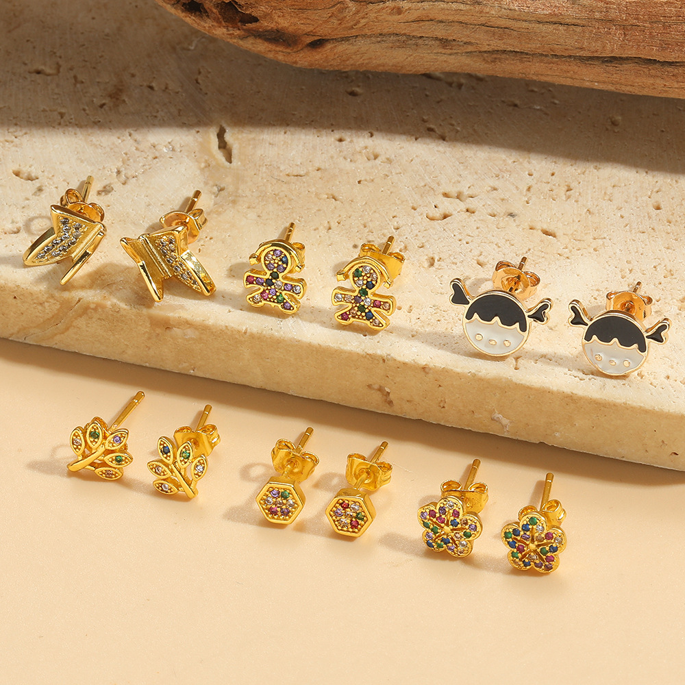 Vintage Copper Stud Earrings With Multi Color Zircon And Enamel Cartoon Girl Flower Butterfly Geometric Designs For Women
