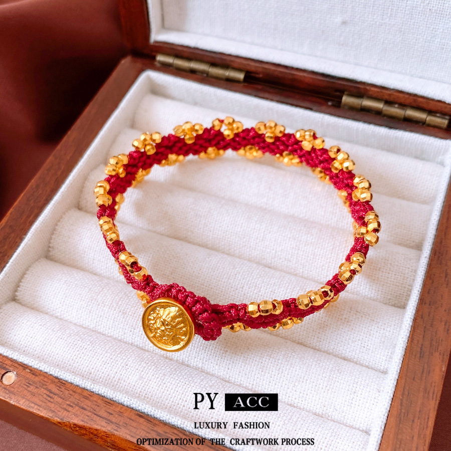 Handmade Red Woven Cord Bracelet With Gold Plated Copper Lion Head Relief Coin Pendant Ethnic Lucky String Beads Jewelry Accessories Gift For Women Men